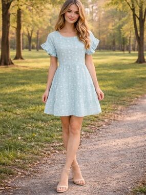Light Blue Floral Ruffle Sleeve Women's Dress